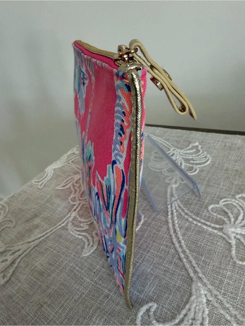 Lilly Pulitzer Pink Tropical Palm Pattern Top Zip Case with Gold Tone Trim
